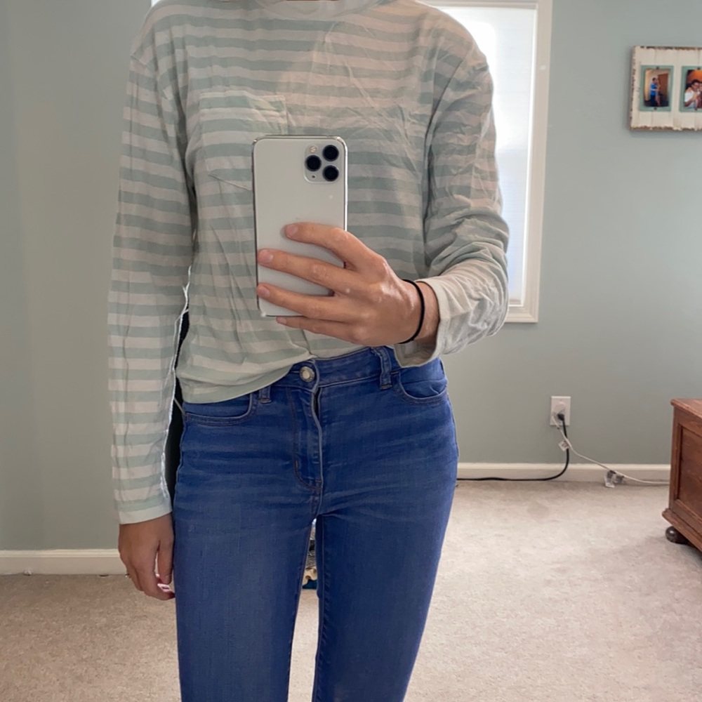 Teal and cream striped long sleeved shirt